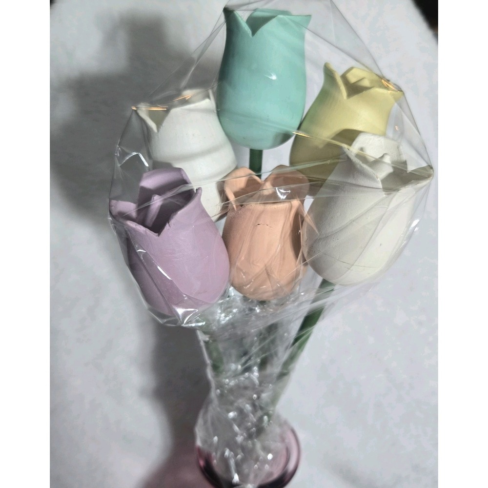 Vintage Handcrafted Wooden Tulips Painted Matte Pastel Colors Set Of 6